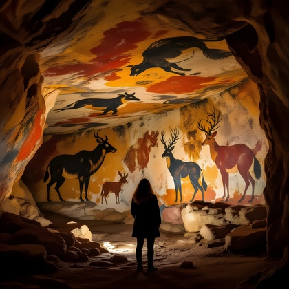 En person står i en grotta med färgglada grottmålningar av djur på väggarna och taket.