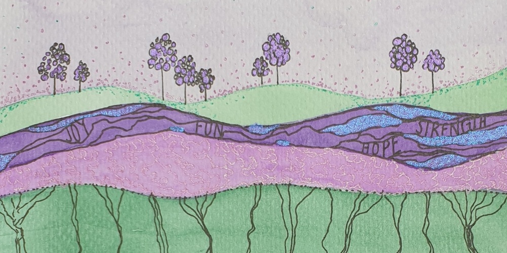 Abstrakt landskap i gröna och lila nyanser med träd och ord som 'JOY', 'FUN', 'HOPE', 'STRENGTH', 'HAPPINESS'.