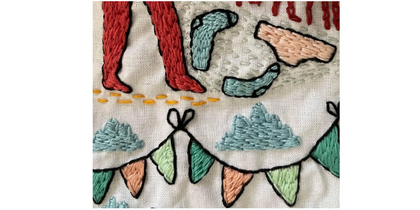 Broderi med röda ben, små tygbitar, vimplar och blå moln på vit bakgrund. Bild på brodera dina bilder, av konstnär Camia Pia Boije