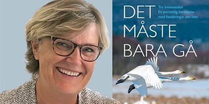 Leende kvinna med glasögon framför bokomslag med två flygande svanar och texten 'Det måste bara gå'.