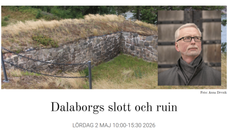 Stenmur och gräs vid Dalaborgs slottsruin, informationsbild om evenemang.