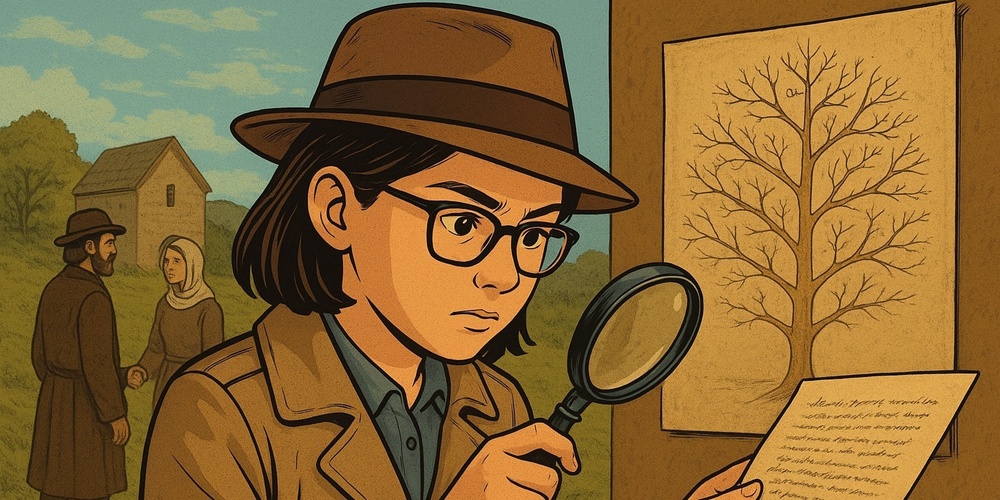 Person i trenchcoat och hatt undersöker ett släktträd med förstoringsglas utomhus, två personer i bakgrunden.