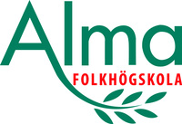 Logotyp för Alma folkhögskola med grön text och bladmotiv samt röd text under.