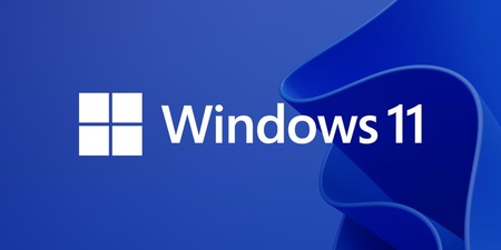 Windows 11-logotyp med vit text och symbol på blå bakgrund.