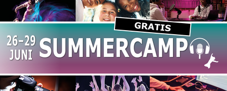 Reklambild för gratis summercamp 26–29 juni med bilder på barn, dans, musik, foto och teknik.