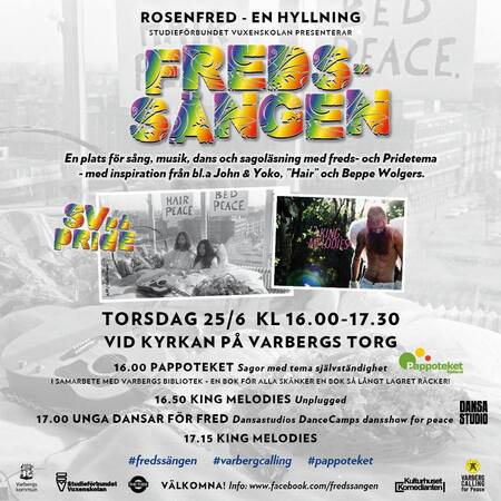 Affisch för Fredssången, ett evenemang med sång, musik och dans för fred och Pride vid Varbergs torg.
