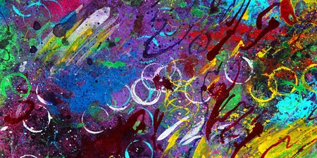 Abstrakt målning med starka färger, cirklar och linjer i grönt, blått, lila, rött och gult.