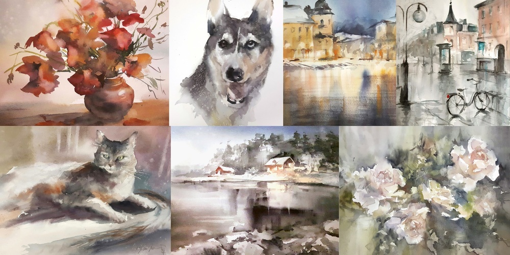 Sex akvarellmålningar föreställande blommor, en hund, en katt, stadsmiljö och landskap.