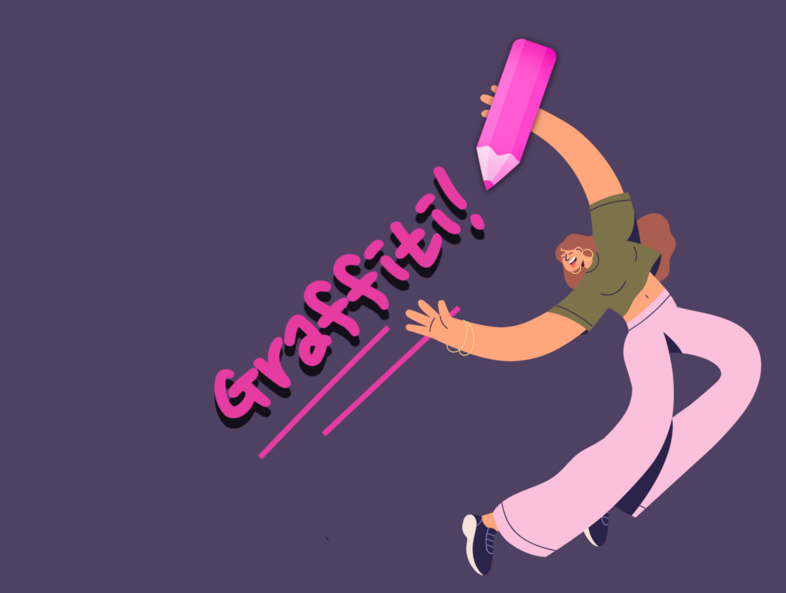 Illustration av en person som ritar ordet 'Graffiti!!' med en stor rosa penna på lila bakgrund.
