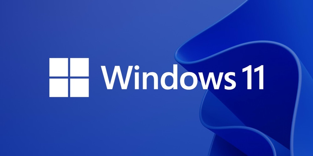 Windows 11-logotyp med vit text och symbol på blå bakgrund.