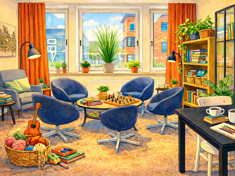 Färgglad och hemtrevlig läshörna med blå stolar, böcker, växter, schackbräde och garnkorg i ett soligt rum.