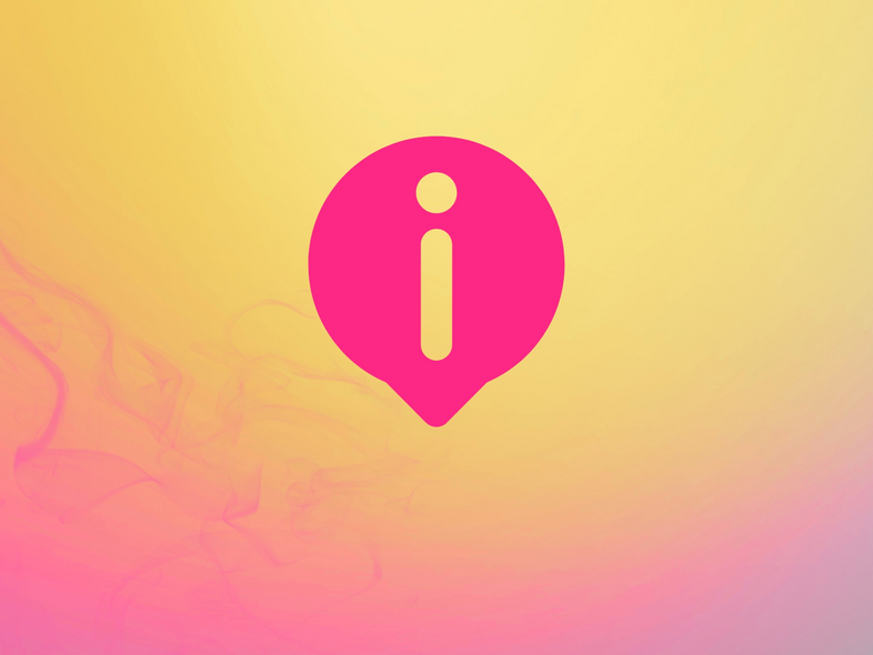 En rosa informationssymbol på en gul och rosa bakgrund med mjuka färgövergångar.