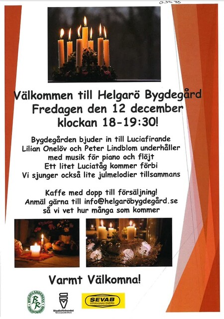 Affisch för Luciafirande på Helgarö Bygdegård med bilder på tända ljus och information om evenemanget.