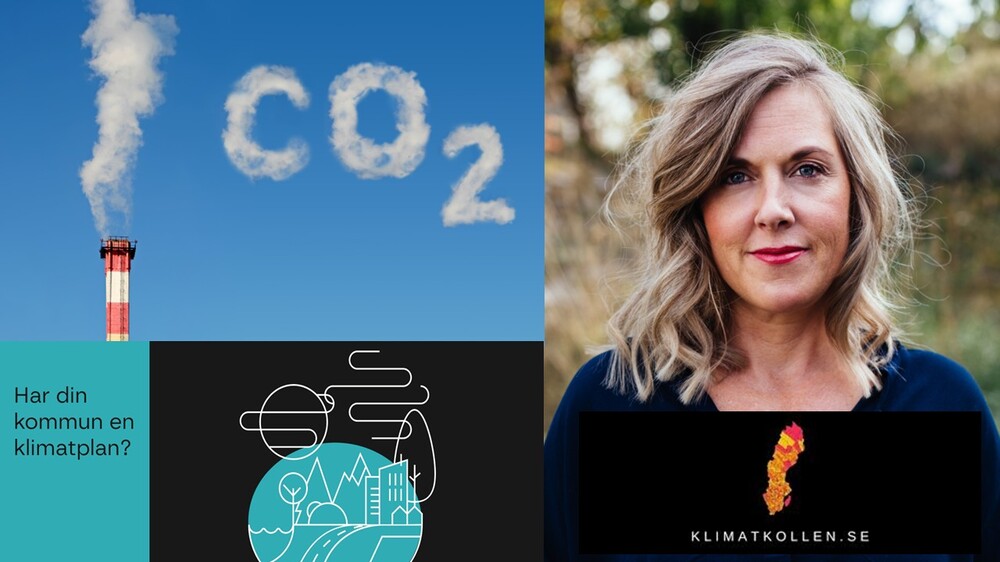 Kollage med skorsten som släpper ut rök, text om klimatplan, illustration av stad och natur samt logotyp för klimatkollen.se.