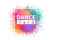 Logotyp med texten 'DANCE Yard' mot en färgglad bakgrund av färgexplosion i rosa, orange, lila och grönt.