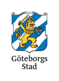 Göteborgs stads vapen med en gul lejonfigur som håller ett svärd och en blå sköld med vita diagonala ränder.