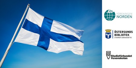 Finlands flagga vajar mot blå himmel, med tre logotyper till höger.