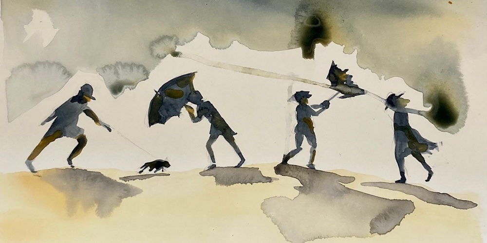 Akvarellmålning av fyra personer och en hund som kämpar mot vinden med paraplyer under mörka moln.