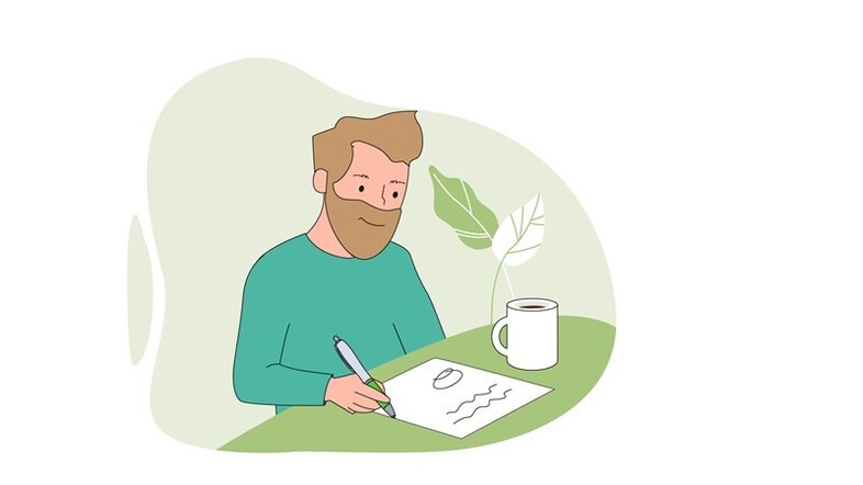 Illustration på en person som sitter och skriver på ett papper.