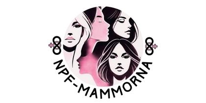 Illustration av fyra kvinnliga ansikten i rosa och svart med texten 'NPF-MAMMORNA' och två inklusivitetssymboler.