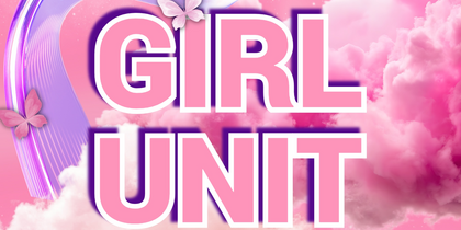 Texten 'GIRL UNIT' i stora bokstäver mot en rosa bakgrund med moln, fjärilar och neonliknande linjer.