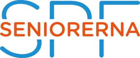 Logotyp för SPF Seniorerna med blå och orange text på vit bakgrund.