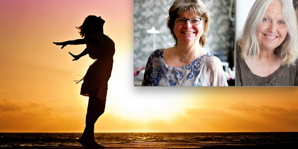 Silhuett av kvinna vid solnedgång på stranden, två leende kvinnor i porträtt ovanpå.
