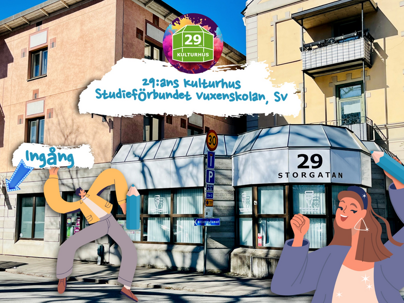 Fasad av byggnad med skylten '29 Storgatan', tecknade figurer och text om 29:ans Kulturhus och ingång.