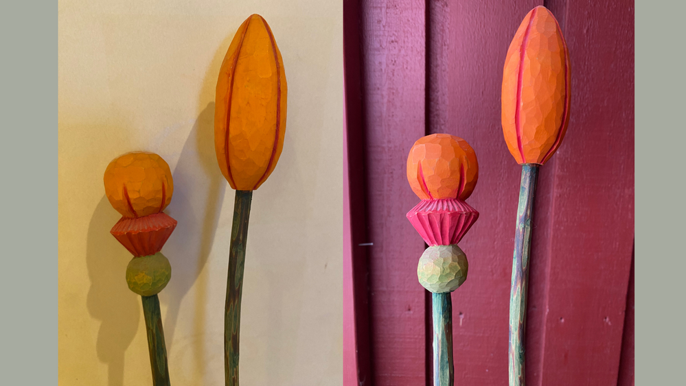 Två bilder av färgglada, snidade träblommor mot olika bakgrunder, en beige och en röd.