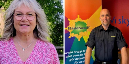 Två personer med suddiga ansikten, en kvinna utomhus i rosa klänning och en man inomhus i uniform framför färgglad skylt.