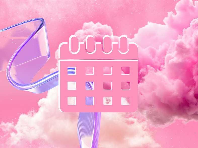 Illustration av en rosa kalenderikon mot en bakgrund av rosa moln och ett glansigt, böjt band.
