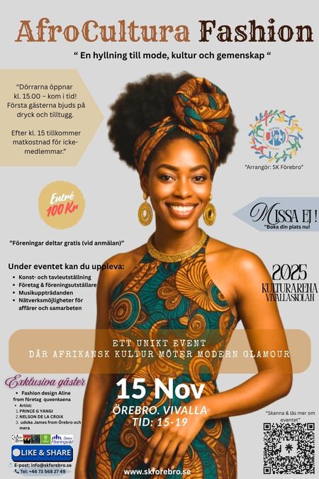 Affisch för AfroCultura Fashion-event i Örebro med afrikanskt mode, kultur och musik, 15 november.
