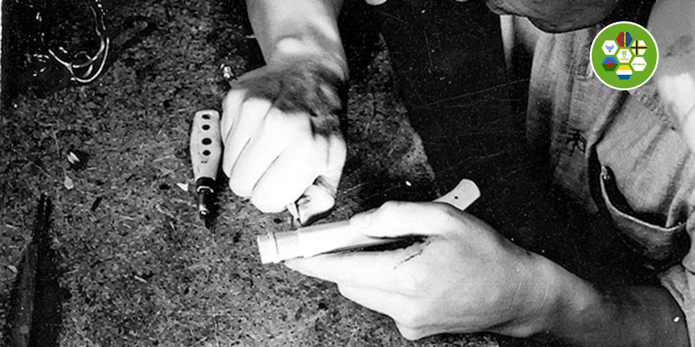 Svartvit bild. En person sitter och täljer. I högra hörnet syns en logotyp där symboler och flaggor för sveriges fem nationella minoriteter syns.