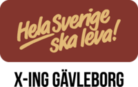 Logotyp med texten 'Hela Sverige ska leva! X-ING Gävleborg' i gul och svart på brun bakgrund.