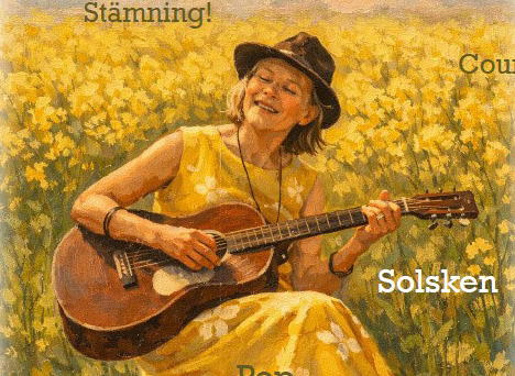 Kvinna i gul klänning spelar gitarr i ett fält av gula blommor under soligt väder.