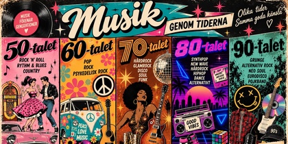 Färgglad affisch som visar musikstilar och mode från 50- till 90-talet med retroillustrationer och text på svenska.