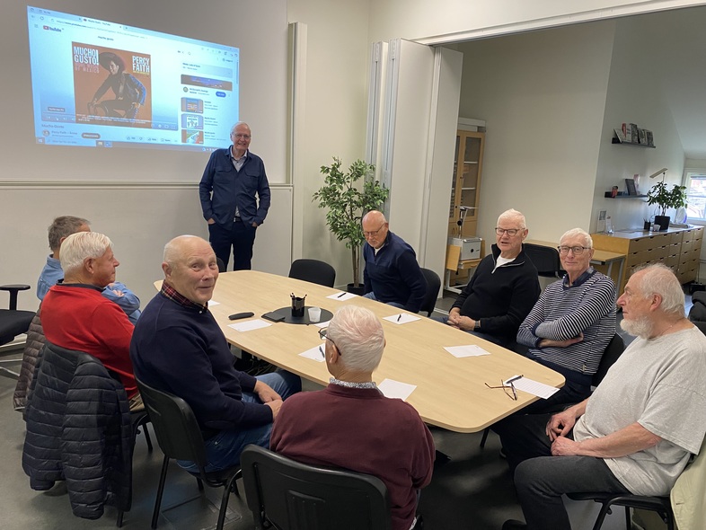 En grupp äldre personer sitter runt ett konferensbord och lyssnar på en presentation med projektor.