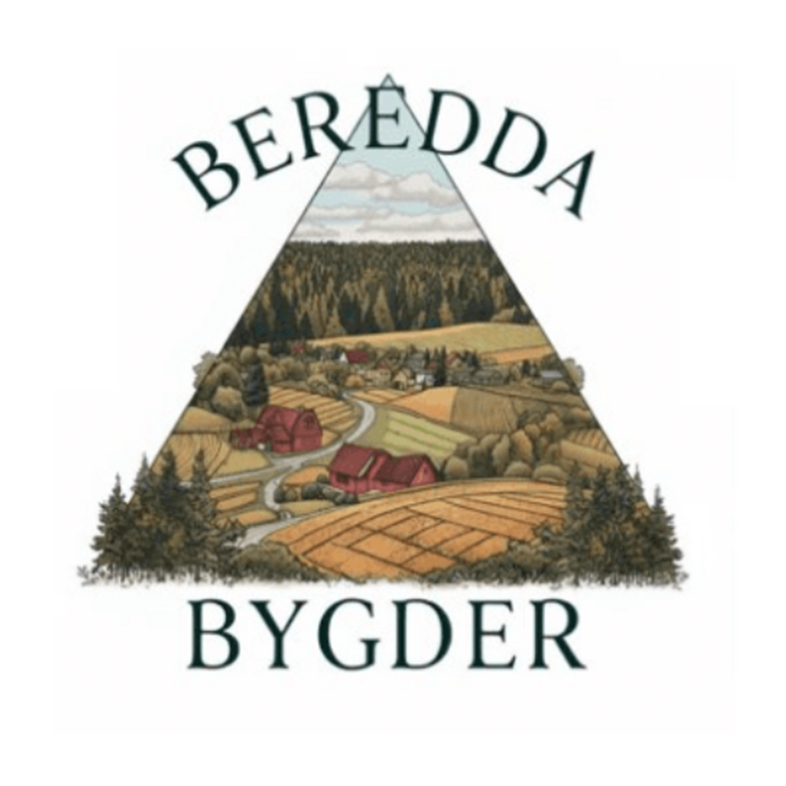 Illustration av ett lantligt landskap med gårdar, åkrar och skog i en triangel, med texten 'BEREDDA BYGDER'.