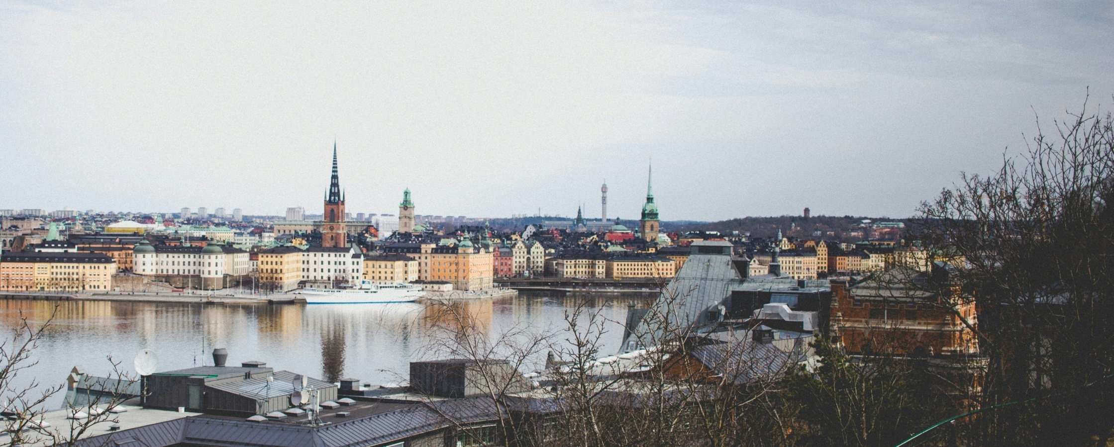 Utsikt över en stad med vatten, byggnader och kyrktorn under en molnig himmel.