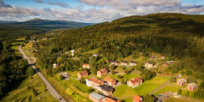 Landskapsvy över en liten by med röda hus, omgiven av skog och gröna kullar under en blå himmel.