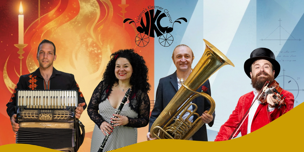 Fyra musiker med suddiga ansikten håller instrument framför färgglad bakgrund med logotyper för kulturorganisationer.