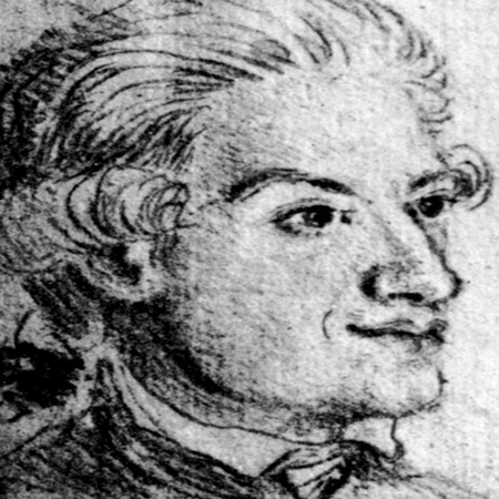 Svartvitt tecknat porträtt av en person i profil med uppsatt hår och formell klädsel.