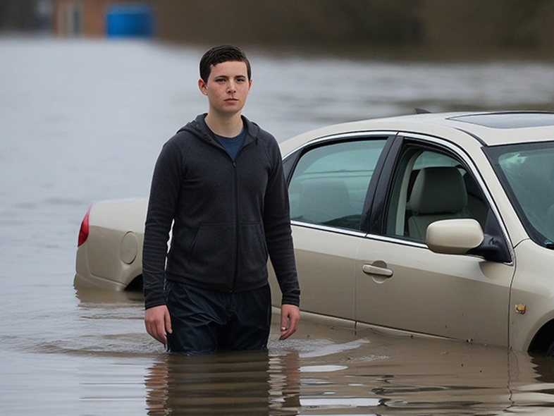 En bild på en ung man som står vid sin bil som har vatten upp till motorhuven.
