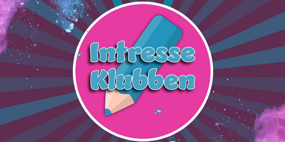 Logotyp med texten 'Intresse Klubben' på rosa cirkel, blå krita och färgstänk i bakgrunden.