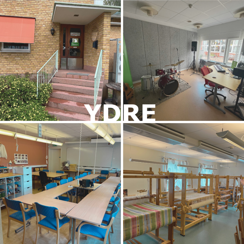Fyra bilder visar en skolbyggnad, ett musikrum med trumset, ett klassrum och ett vävrum. Texten 'YDRE' syns i mitten.