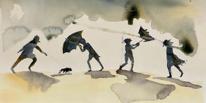 Akvarellmålning av fyra personer och en hund som kämpar mot vinden med paraplyer under mörka moln.