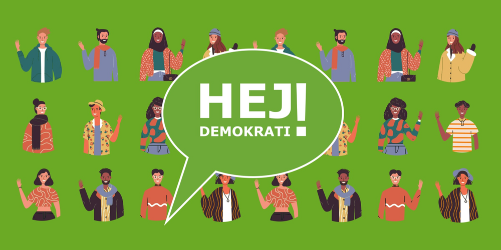 Illustration av olika personer som vinkar, med en pratbubbla som säger 'HEJ! DEMOKRATI' på grön bakgrund.