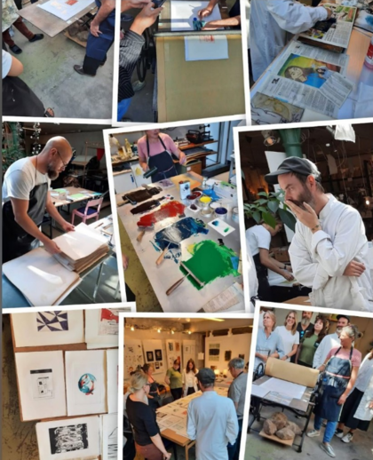 Collage av bilder från en konstworkshop där deltagare arbetar med tryckteknik och färgblandning.