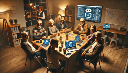 En grupp äldre vuxna sitter runt ett bord med laptops i ett modernt kontor, leende och samarbetar.