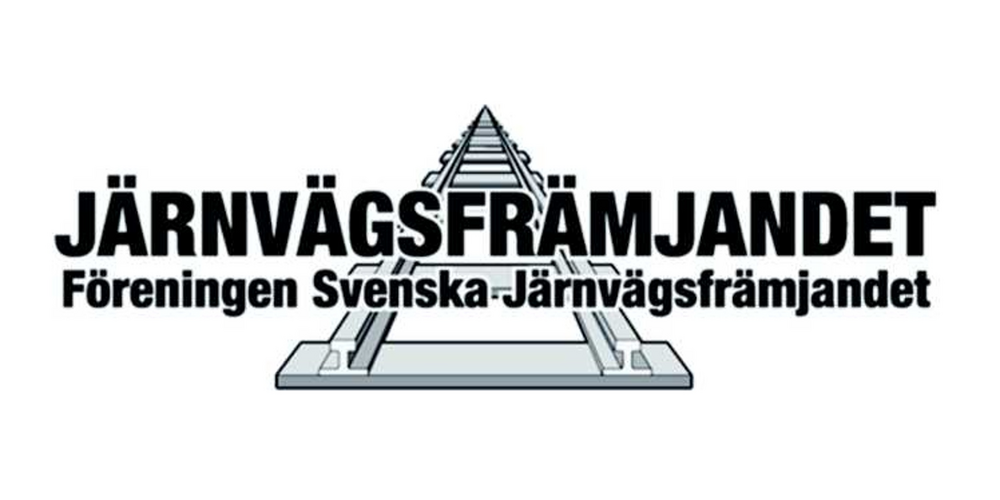 Logotyp för Järnvägsfrämjandet med en illustration av järnvägsspår och text på svenska.